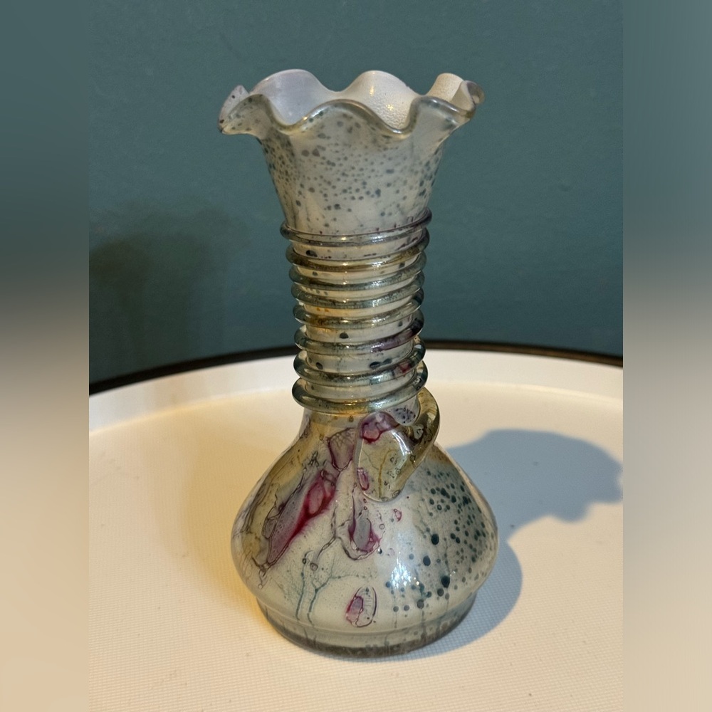 SIMRON Israeli Hand Painted Art Glass Vase Made In Israel BLUE PURPLE 6” Tall